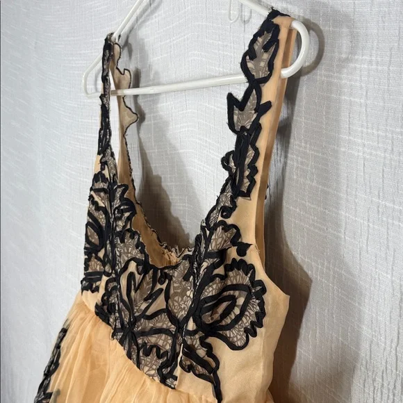 Maeve Nude Tulle Mini Dress with Black Floral Appliqué - Picture 8 of 10